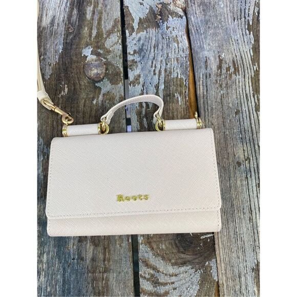 Roots Cream White Mini Crossbody Bag Wallet Wristlet Purse Saffiano Faux Leather - Picture 1 of 7